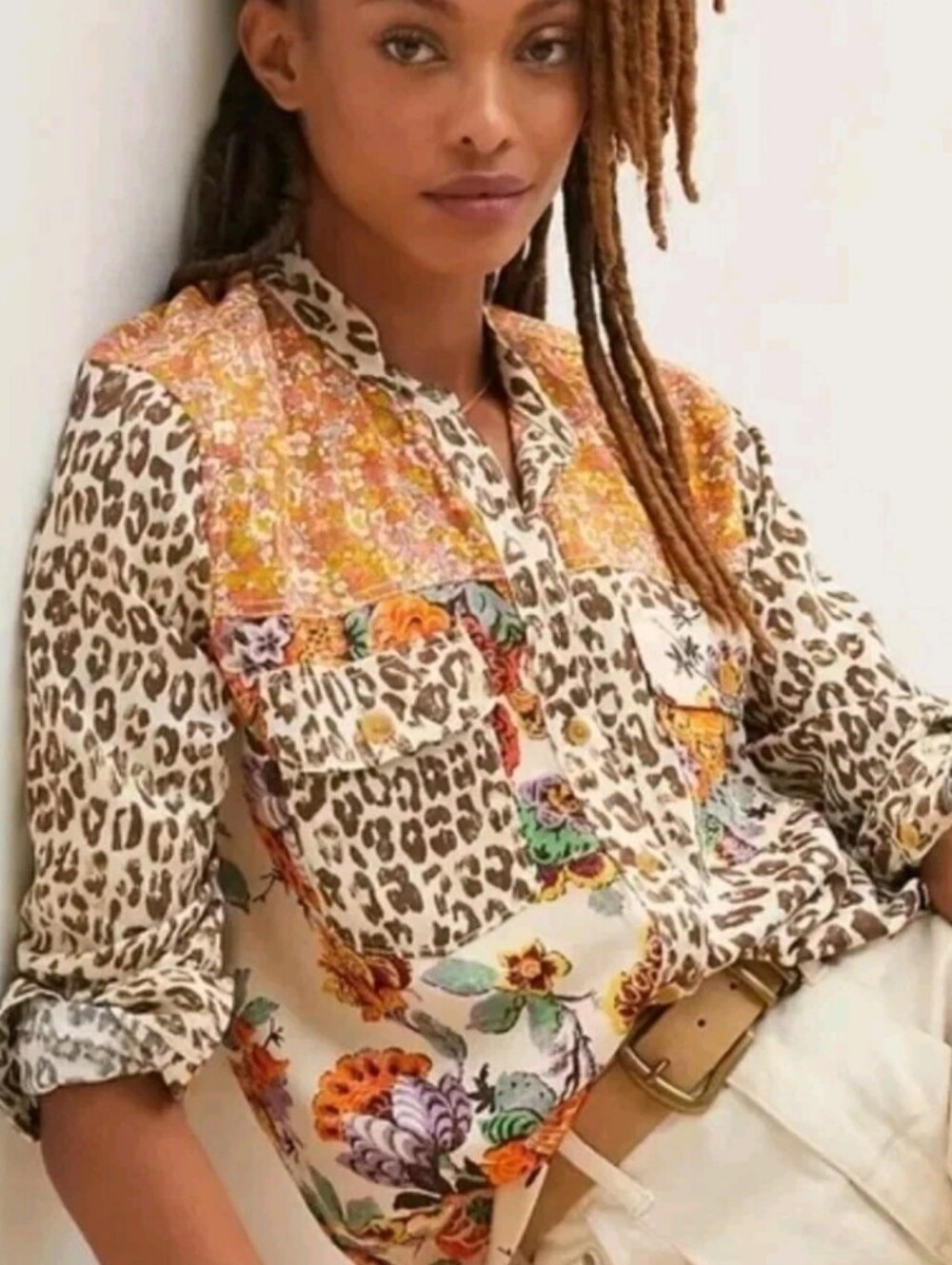 Anthropologie Pilcro Patchwork Print Button Down Shirt XL Leopard Floral